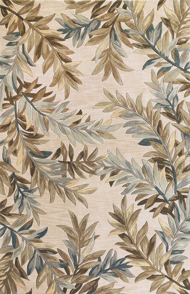 9' X 12' Ivory Brown And Blue Wool Botanical Leaves Hand Tufted Area Rug