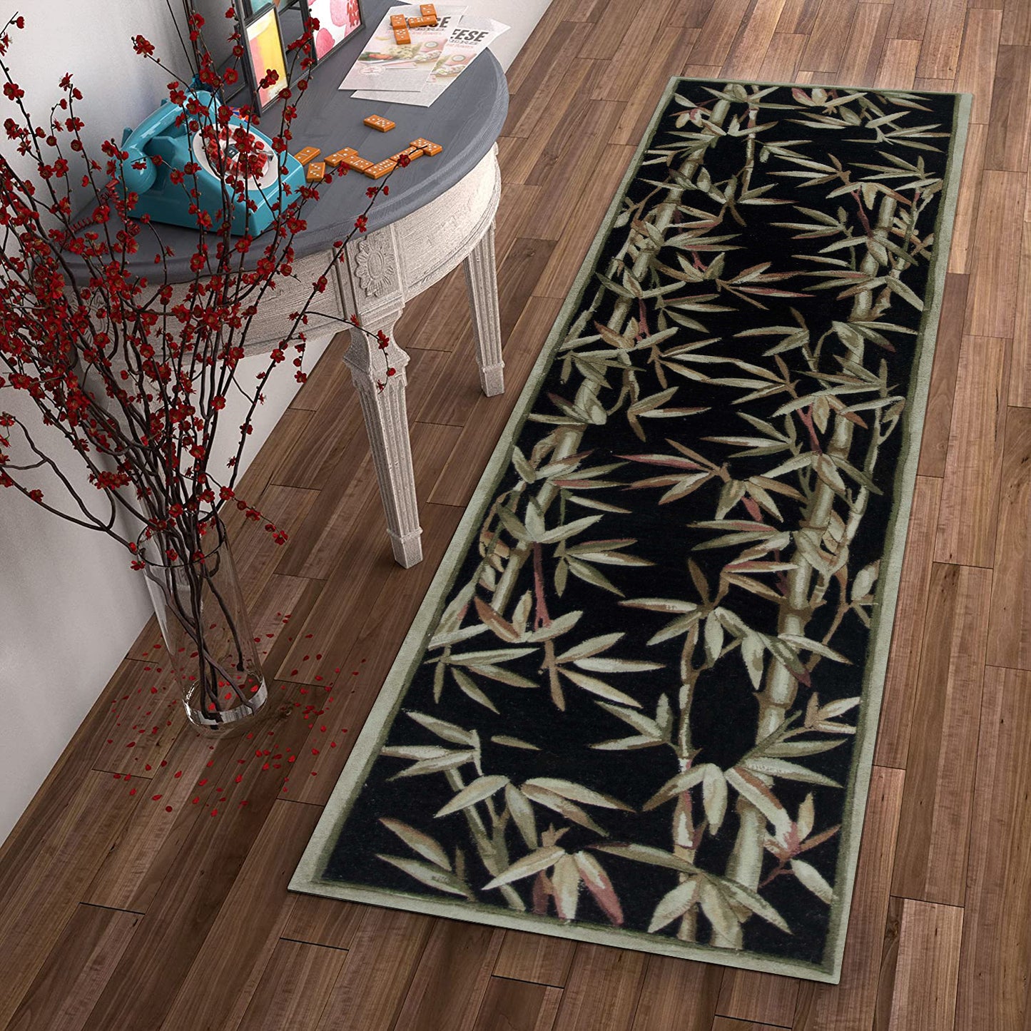 10' Black Hand Tufted Bordered Tropical Bamboo Indoor Runner Rug