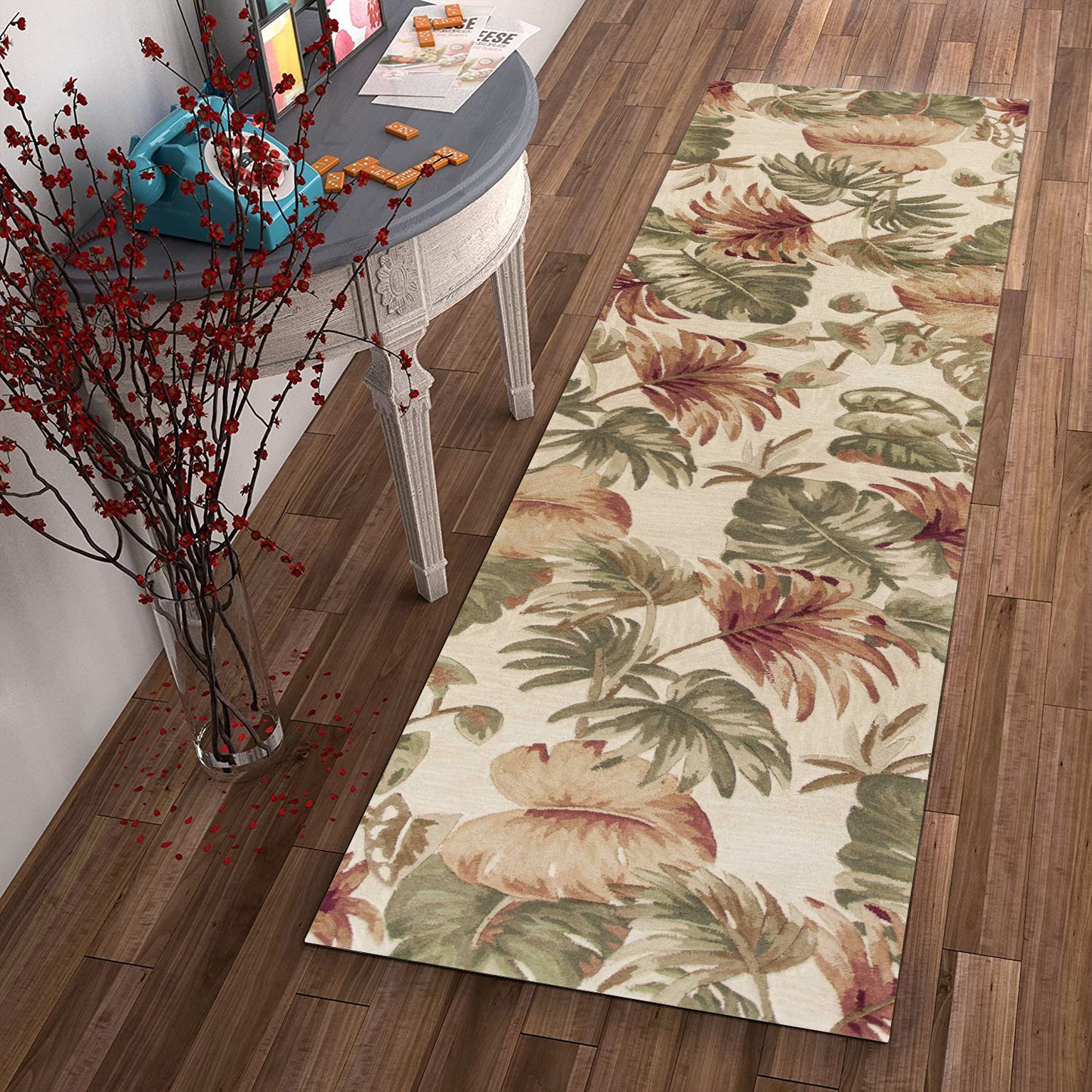 5'X8' Beige Hand Tufted Tropical Leaves Indoor Area Rug