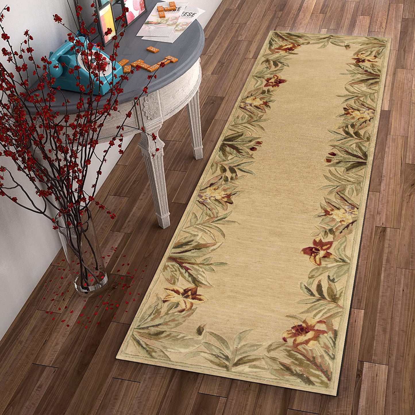8'X10' Ivory Hand Tufted Bordered Tropical Plants Indoor Area Rug