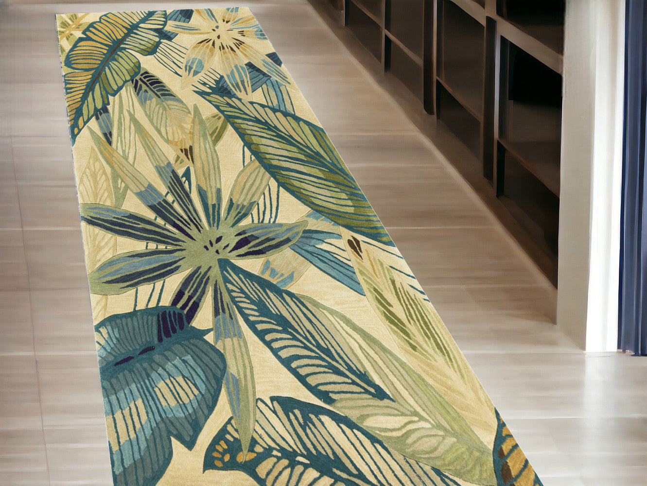 8' X 10' Ivory Teal Hand Tufted Tropical Leaves Indoor Area Rug