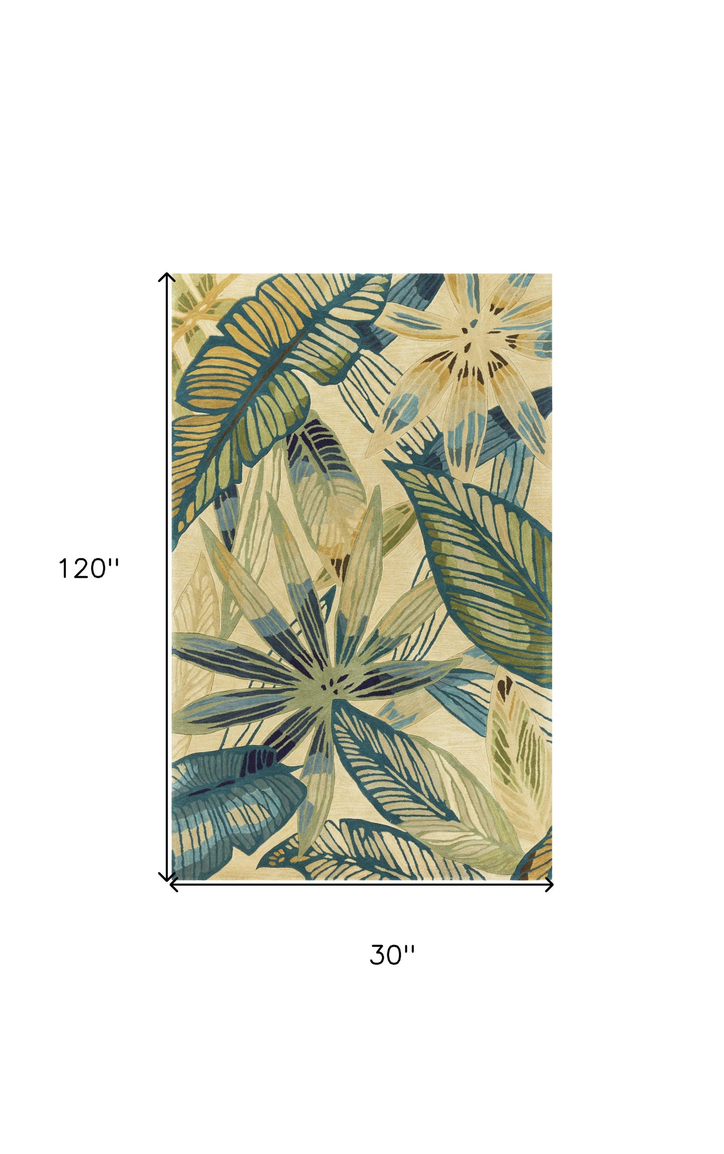 8' X 10' Ivory Teal Hand Tufted Tropical Leaves Indoor Area Rug