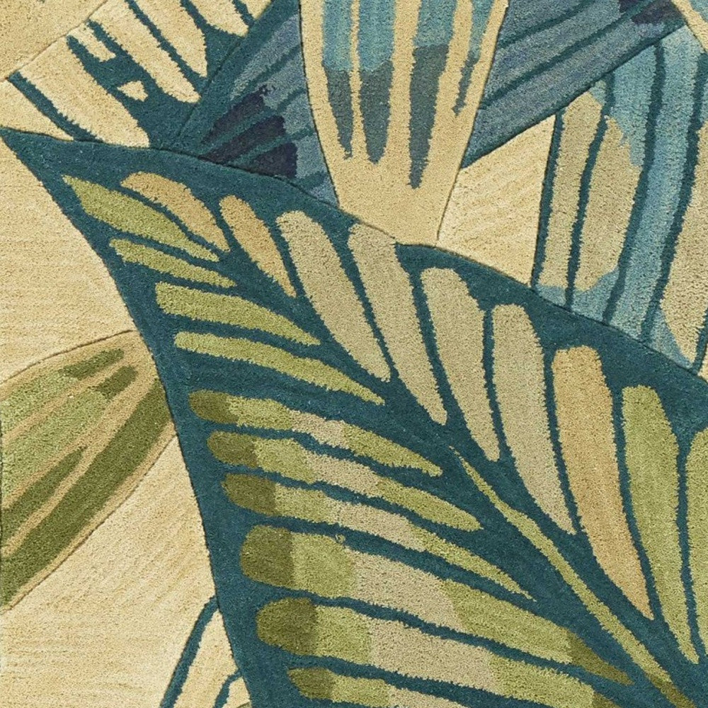 8' X 10' Ivory Teal Hand Tufted Tropical Leaves Indoor Area Rug