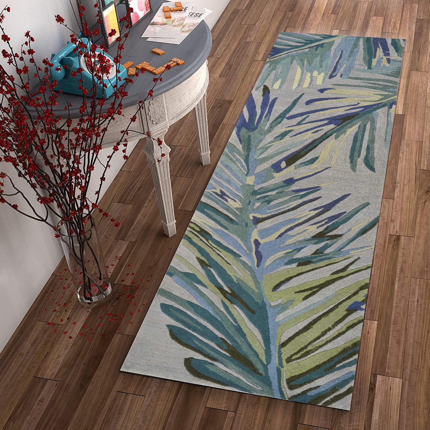 4' X 6' Grey Blue Hand Tufted Tropical Palms Indoor Area Rug