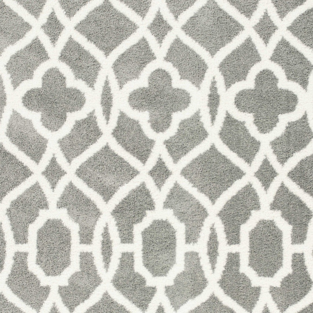 8' X 11' Grey Ivory Machine Woven Ogee Indoor Shag Area Rug