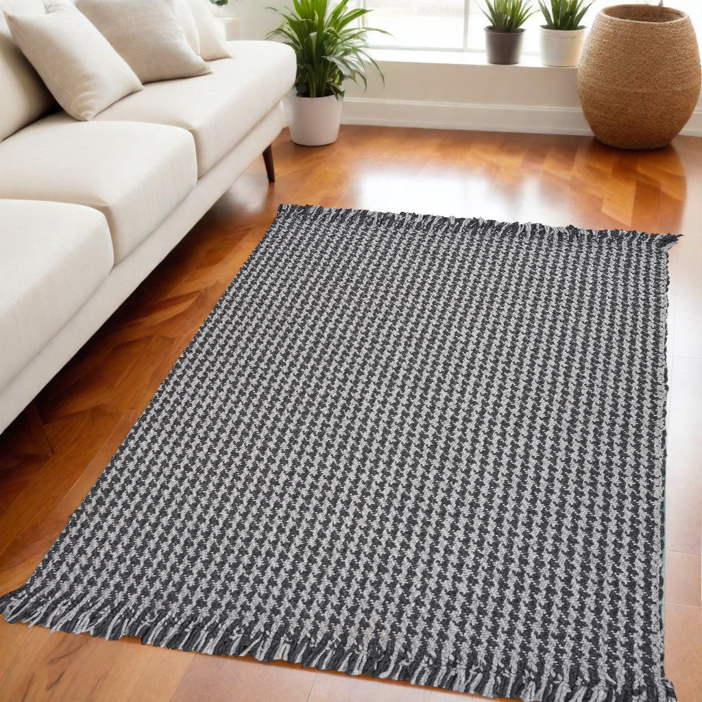 9' X 12' Grey Hand Woven Houndstooth With Braided Fringe Indoor Area Rug