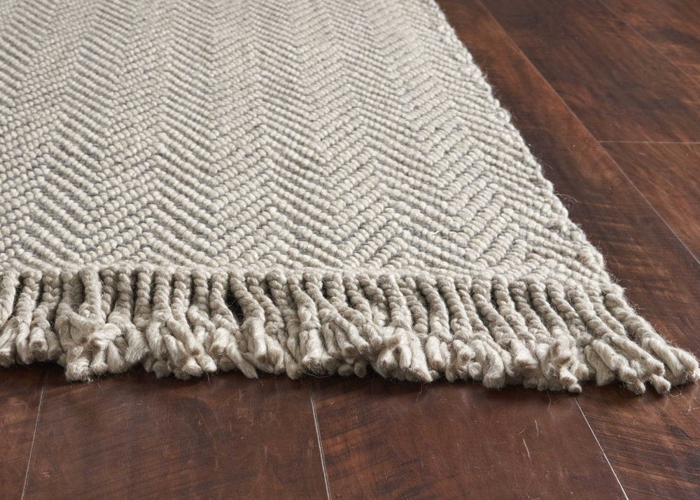 8' X 10' Beige And Gray Wool Chevron Hand Woven Area Rug With Fringe