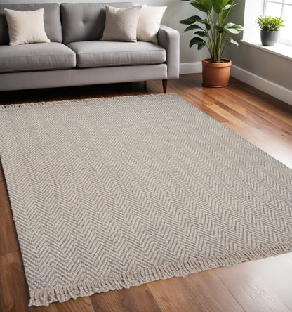 8' X 10' Beige And Gray Wool Chevron Hand Woven Area Rug With Fringe