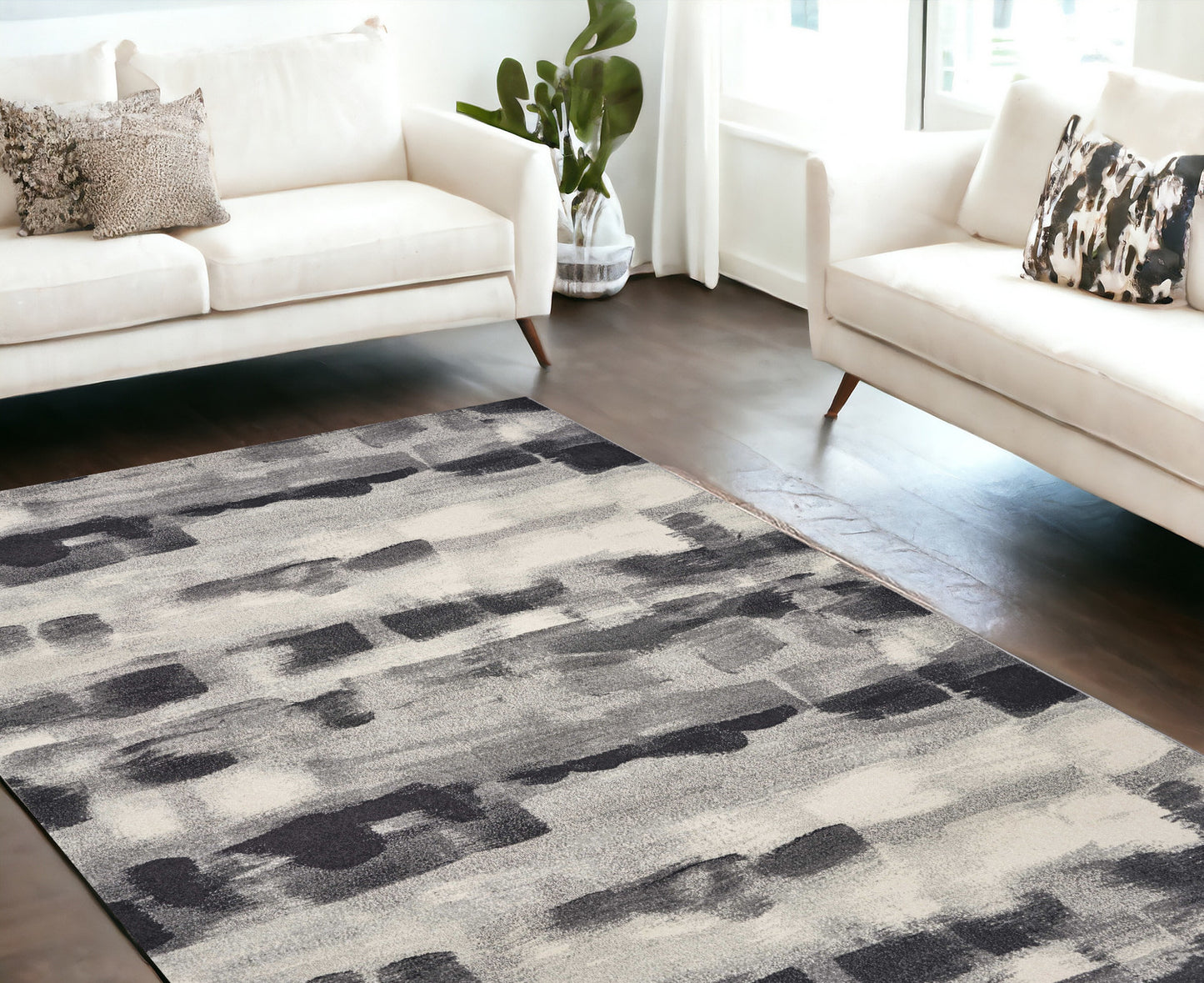 5' X 8' Shades Of Grey Machine Woven Abstract Brushstroke Indoor Area Rug