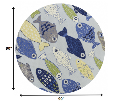 7' X 9' Blue Ivory And Green Fish Hand Tufted Area Rug