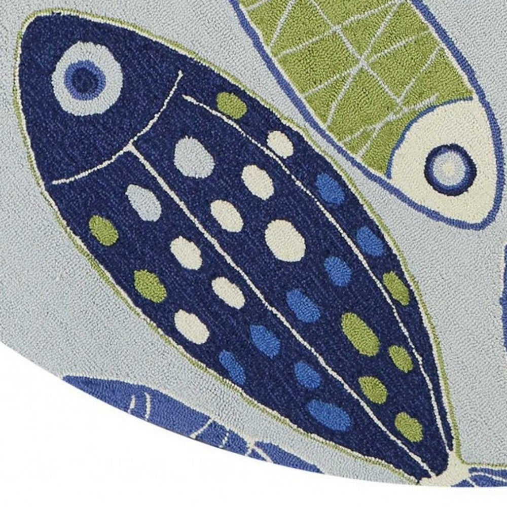 7' X 9' Blue Ivory And Green Fish Hand Tufted Area Rug