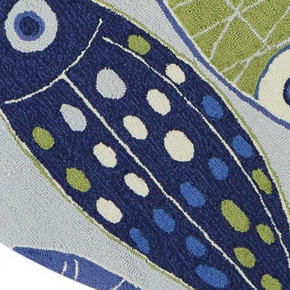 7' X 9' Blue Ivory And Green Fish Hand Tufted Area Rug