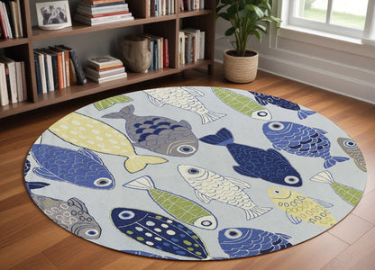7' X 9' Blue Ivory And Green Fish Hand Tufted Area Rug