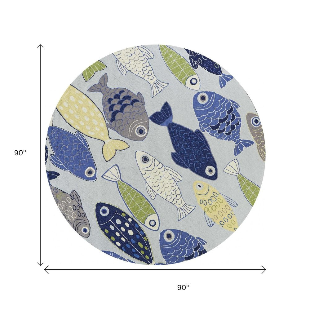 7' X 9' Blue Ivory And Green Fish Hand Tufted Area Rug