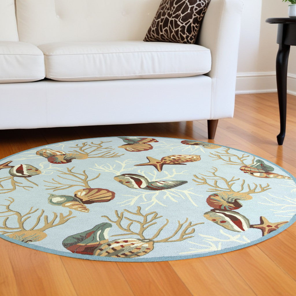 7' Round Blue Shells And Corals Indoor Area Rug