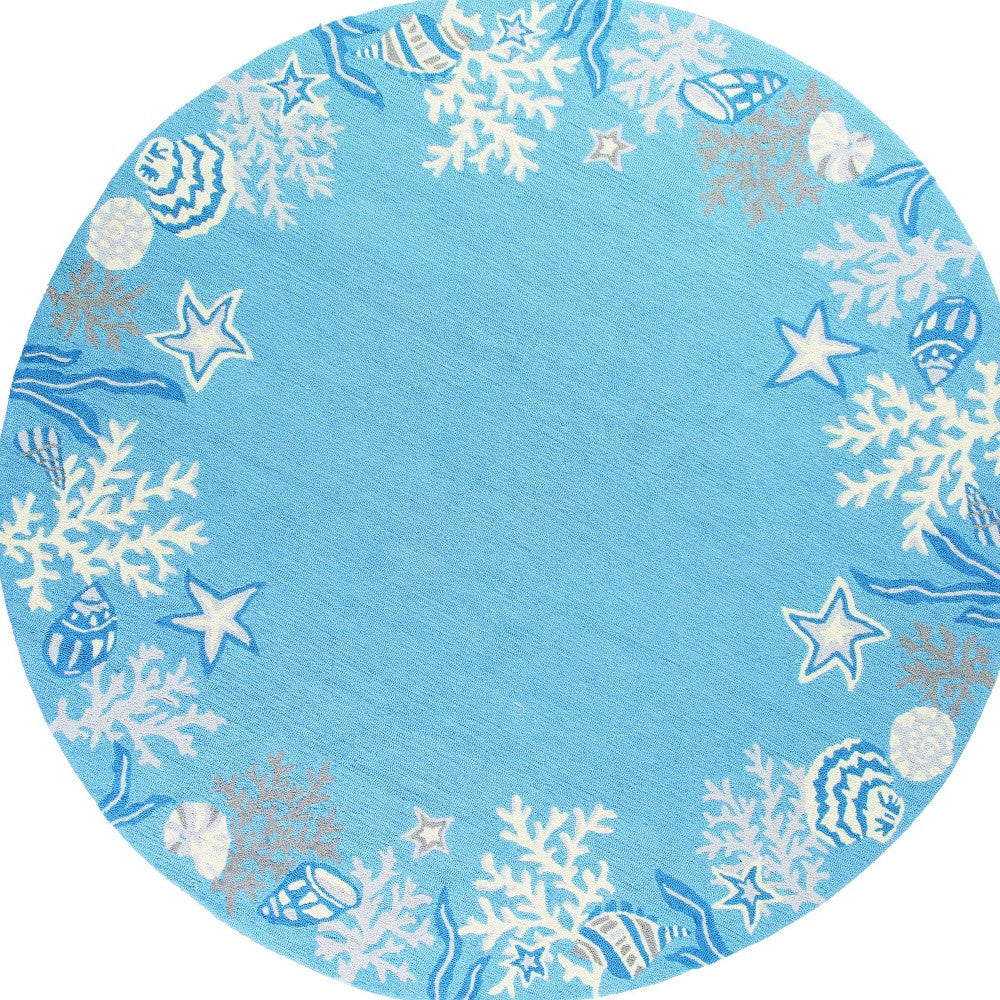 8' Sea Blue Hand Hooked Bordered Coral Reef Round Indoor Area Rug