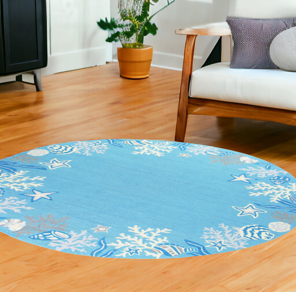 8' Sea Blue Hand Hooked Bordered Coral Reef Round Indoor Area Rug