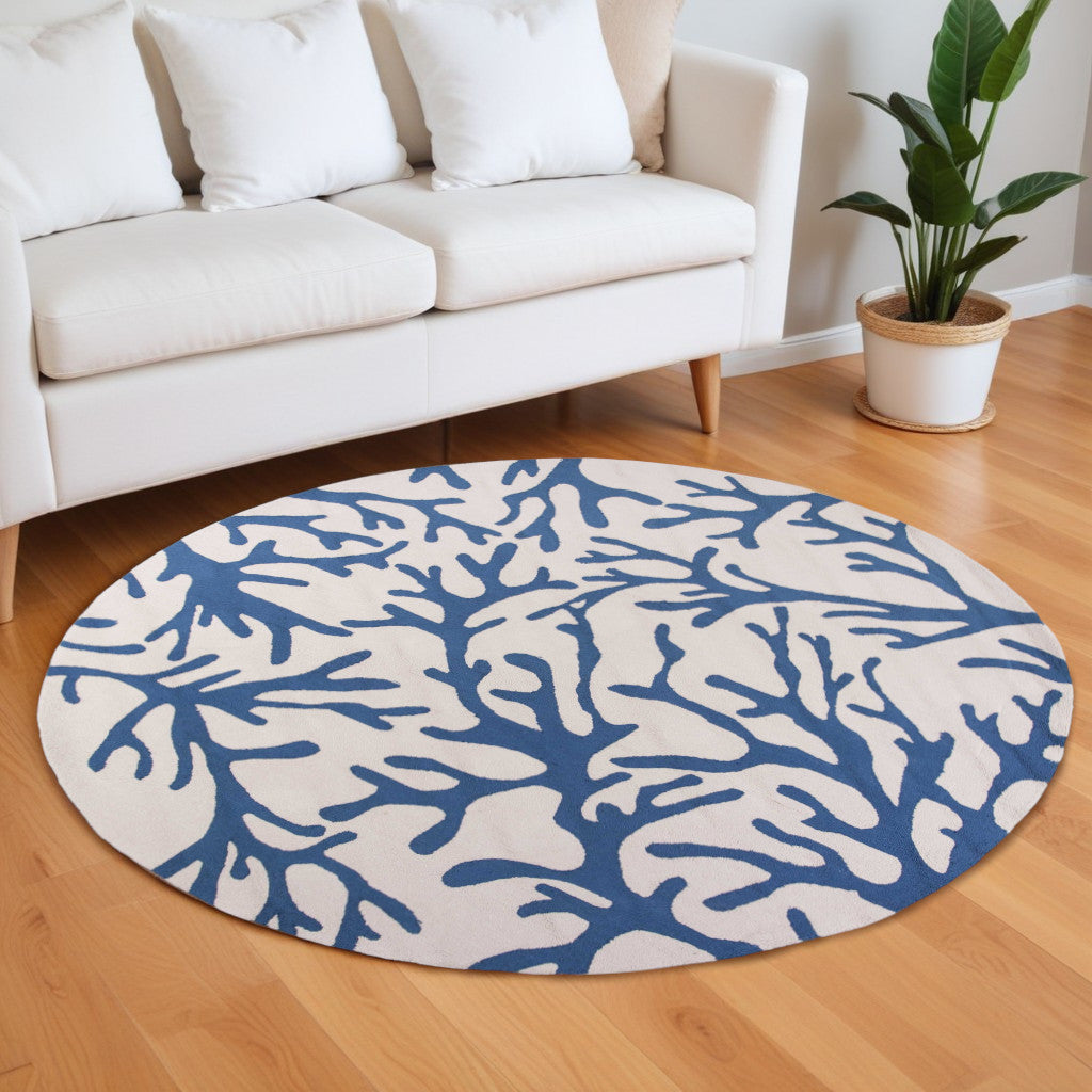 7' Round Ivory Or Blue Corals Indoor Area Rug