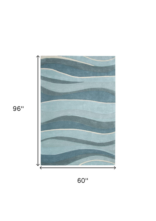 8' Ocean Blue Teal Hand Tufted Abstract Waves Indoor Runner Rug