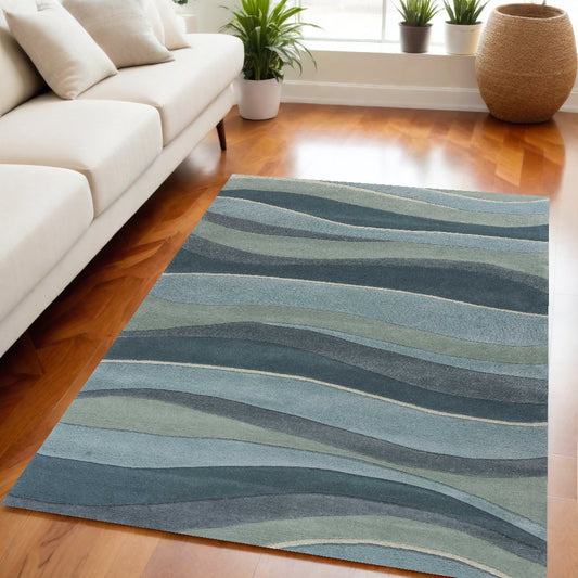 3' X 5' Ocean Blue Teal Hand Tufted Abstract Waves Indoor Area Rug