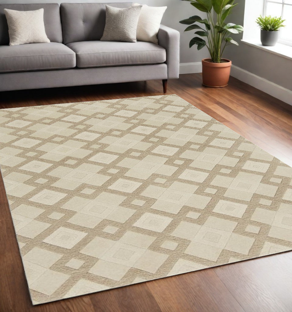 2' X 7' Ivory Diamond Tiles Wool Runner Rug