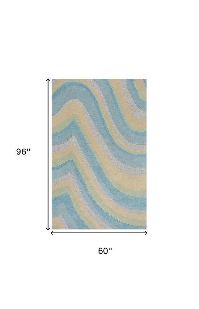 5' X 8' Blue Beige And Green Wool Abstract Hand Tufted Area Rug