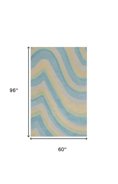 5' X 8' Blue Beige And Green Wool Abstract Hand Tufted Area Rug