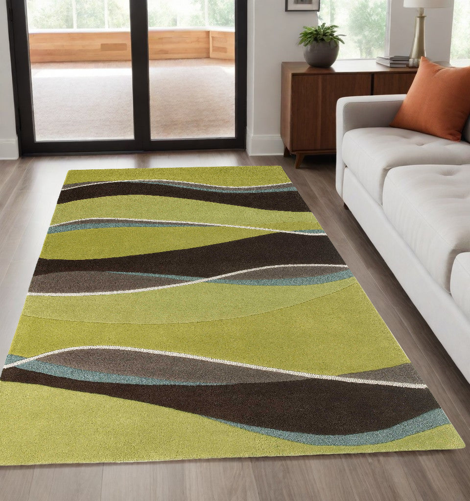 8' X 11' Lime Mocha Hand Tufted Abstract Waves Indoor Area Rug