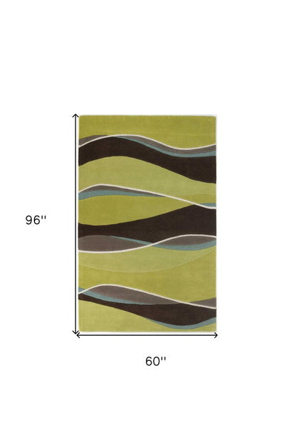 5' X 8' Lime Green Brown And Blue Wool Abstract Hand Tufted Area Rug