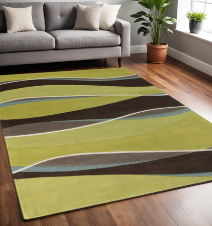 5' X 8' Lime Green Brown And Blue Wool Abstract Hand Tufted Area Rug