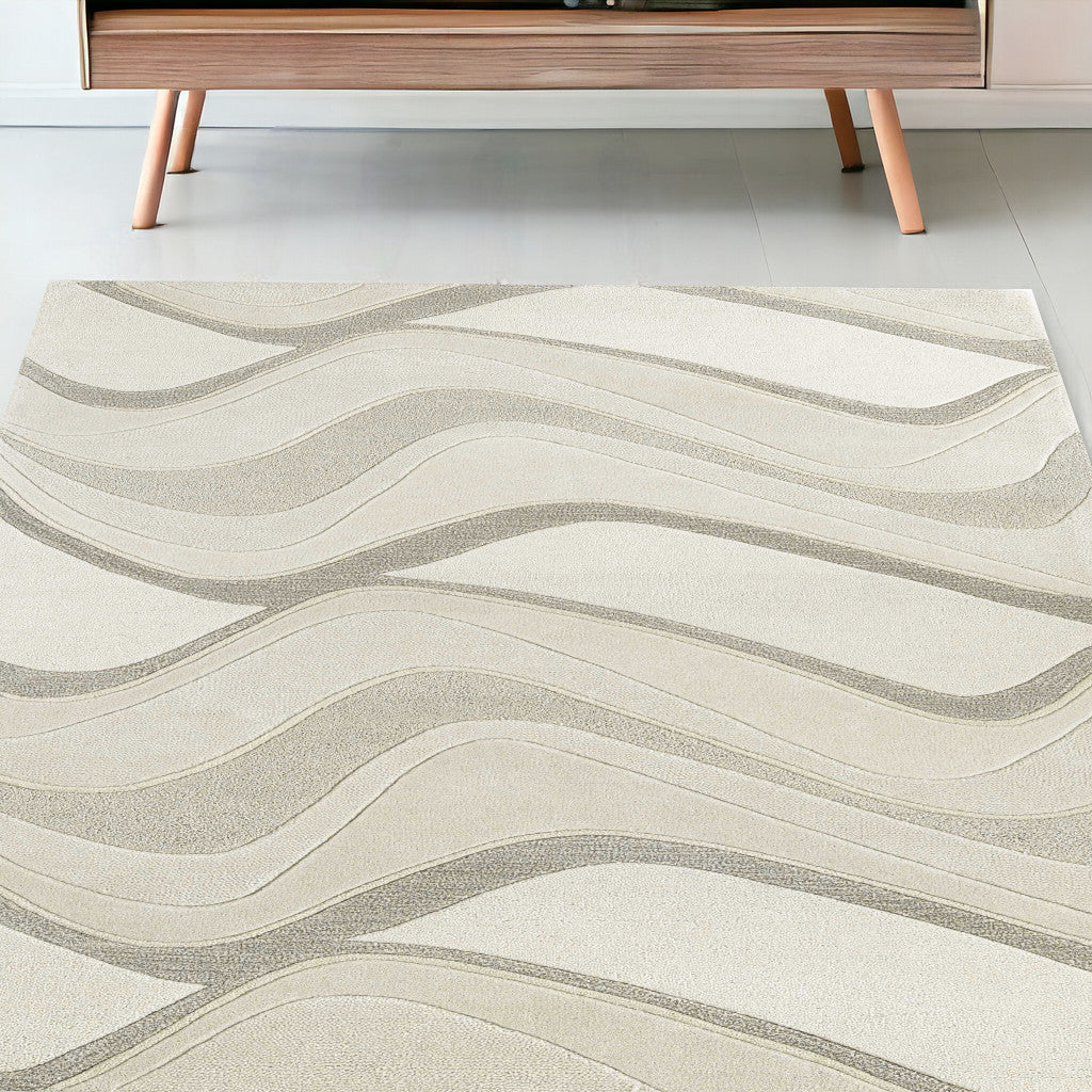 5' X 8' Ivory Hand Tufted Abstract Waves Indoor Area Rug