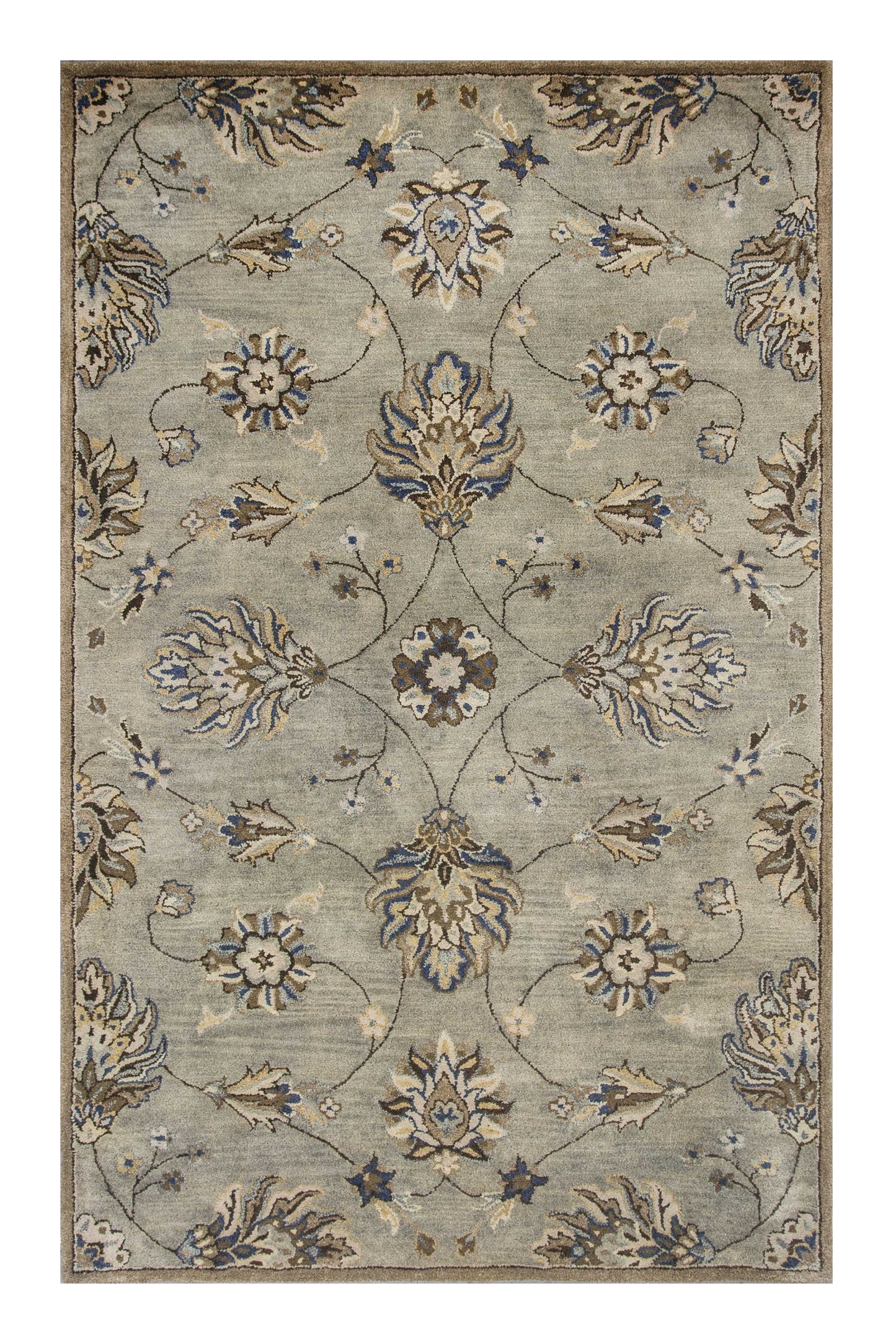 5' Round Grey Floral Vine Wool Indoor Area Rug