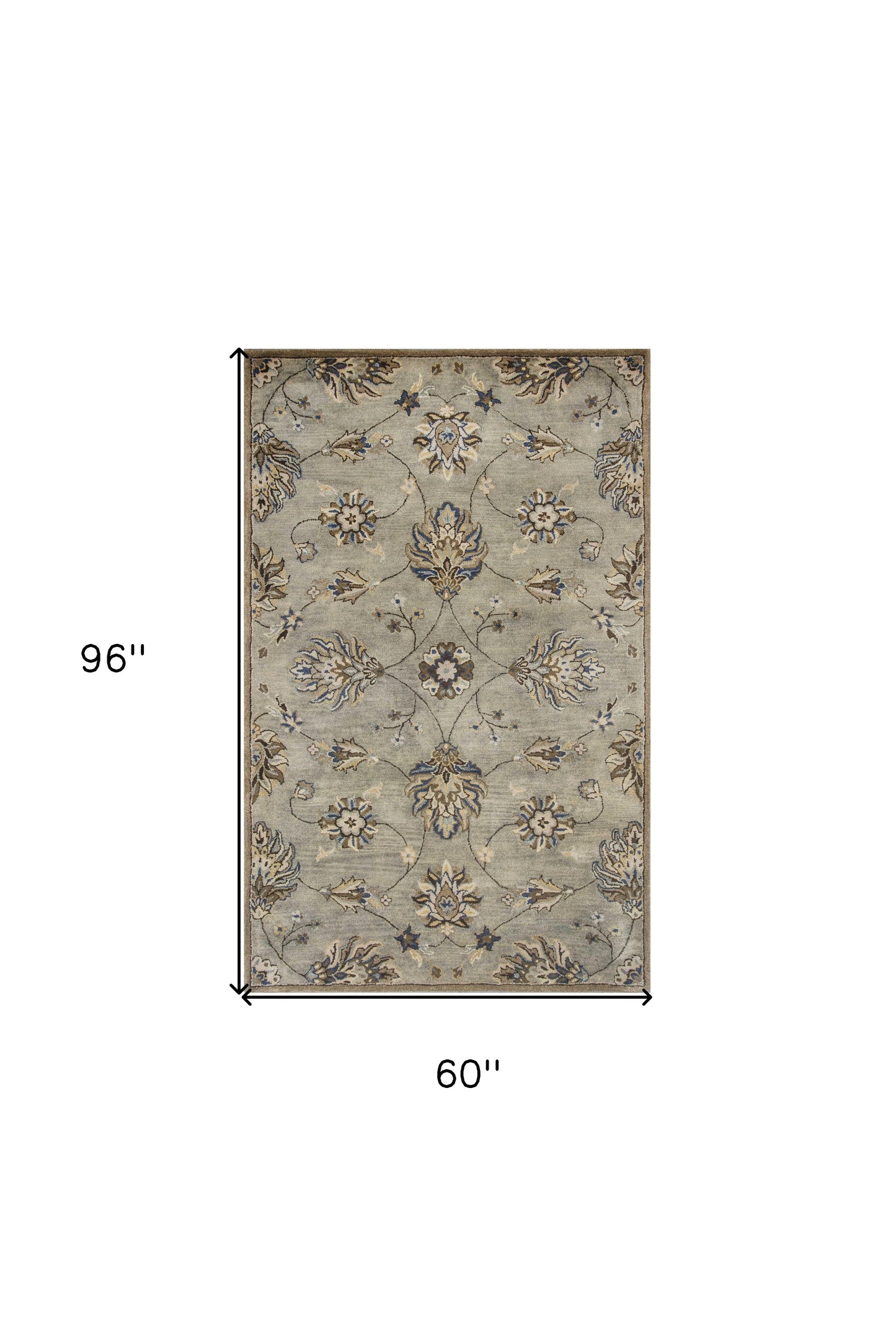 5' Round Grey Floral Vine Wool Indoor Area Rug