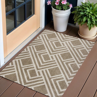 2' X 4' Beige Geometric Indoor Outdoor Area Rug