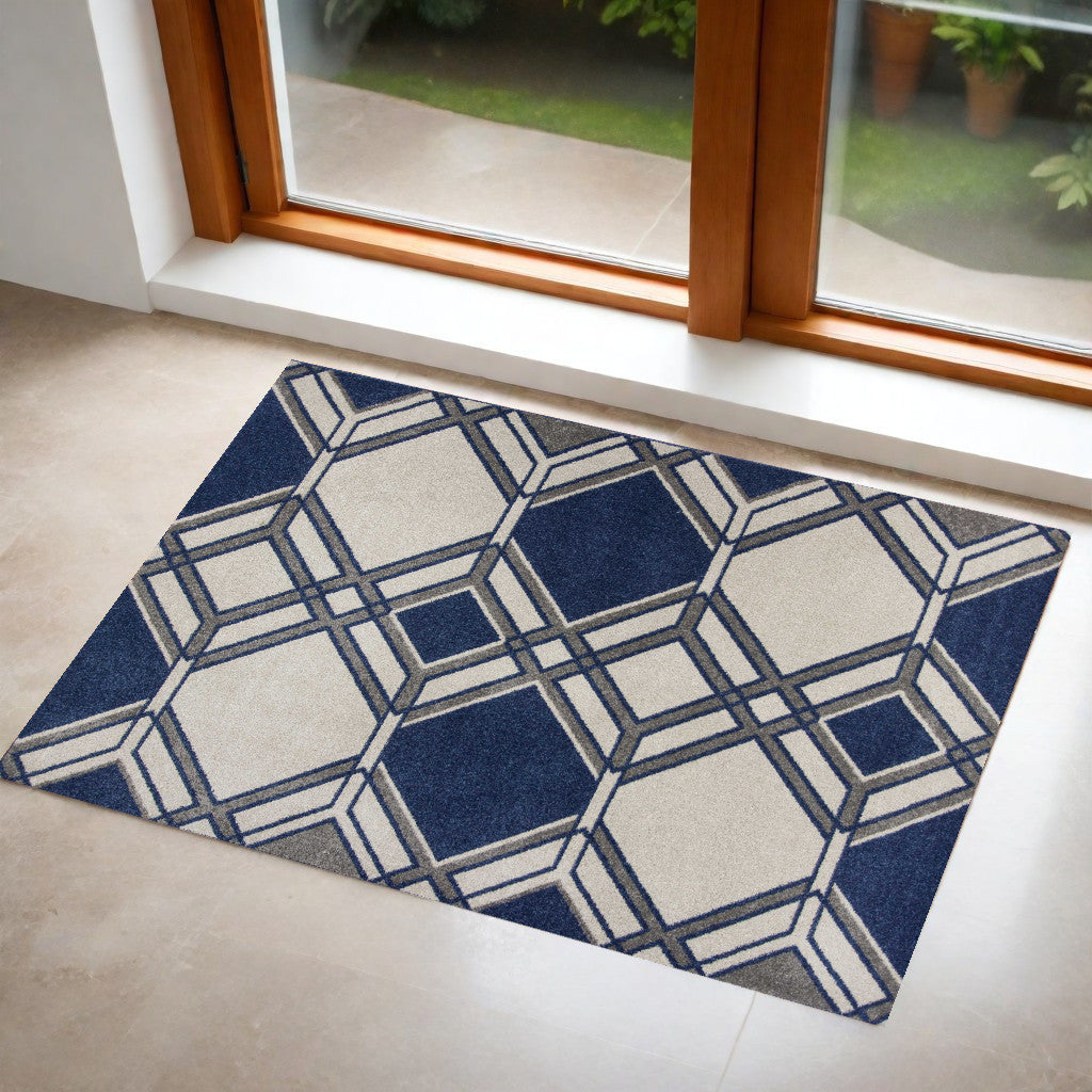 7' X 11' Ivory Or Denim Geometric Hexagon Uv Treated Indoor Area Rug