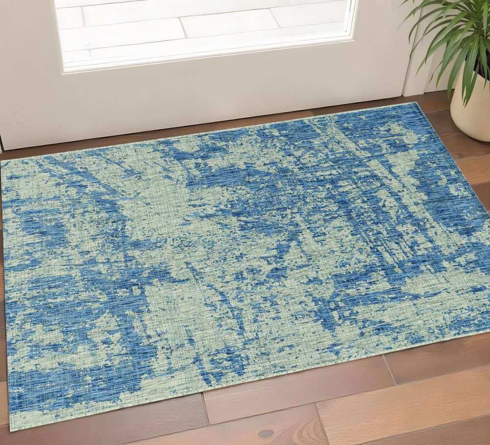 8' X 11' Green And Denim Blue Abstract Area Rug