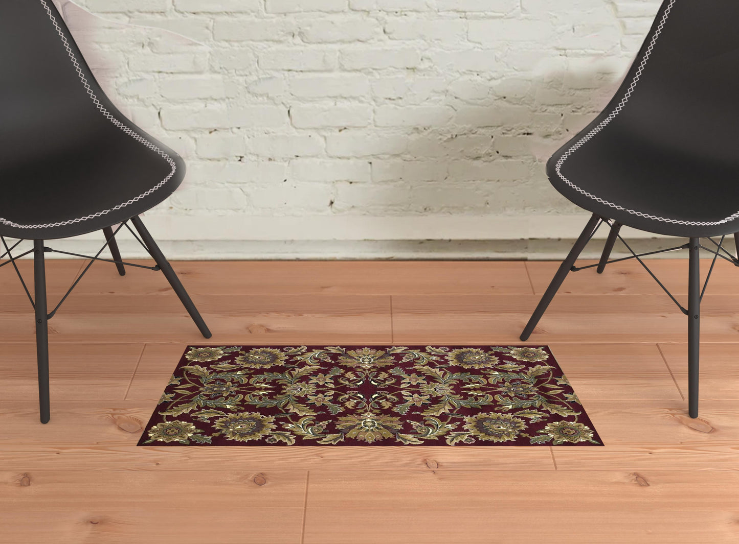 Red And Black Octagon Floral Vines Area Rug