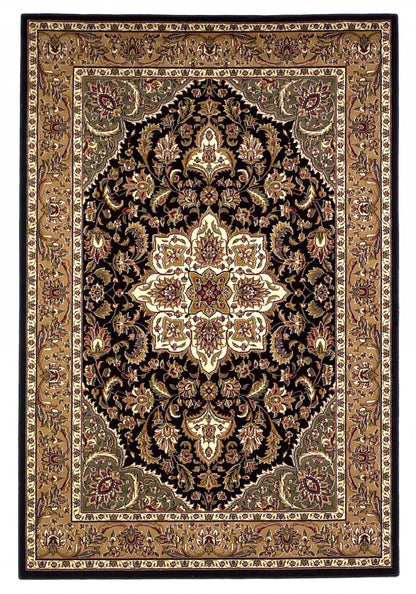 3' X 5' Black And Beige Floral Medallion Area Rug