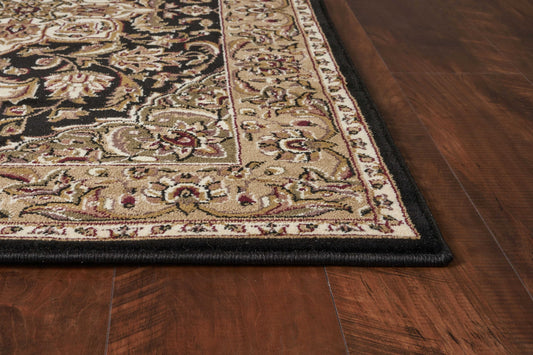 8' X 11' Black Beige Machine Woven Floral Medallion Indoor Area Rug