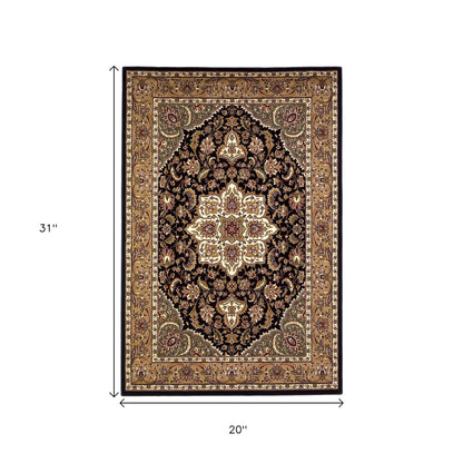 3' X 5' Black And Beige Floral Medallion Area Rug