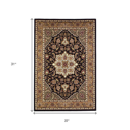 3' X 5' Black And Beige Floral Medallion Area Rug