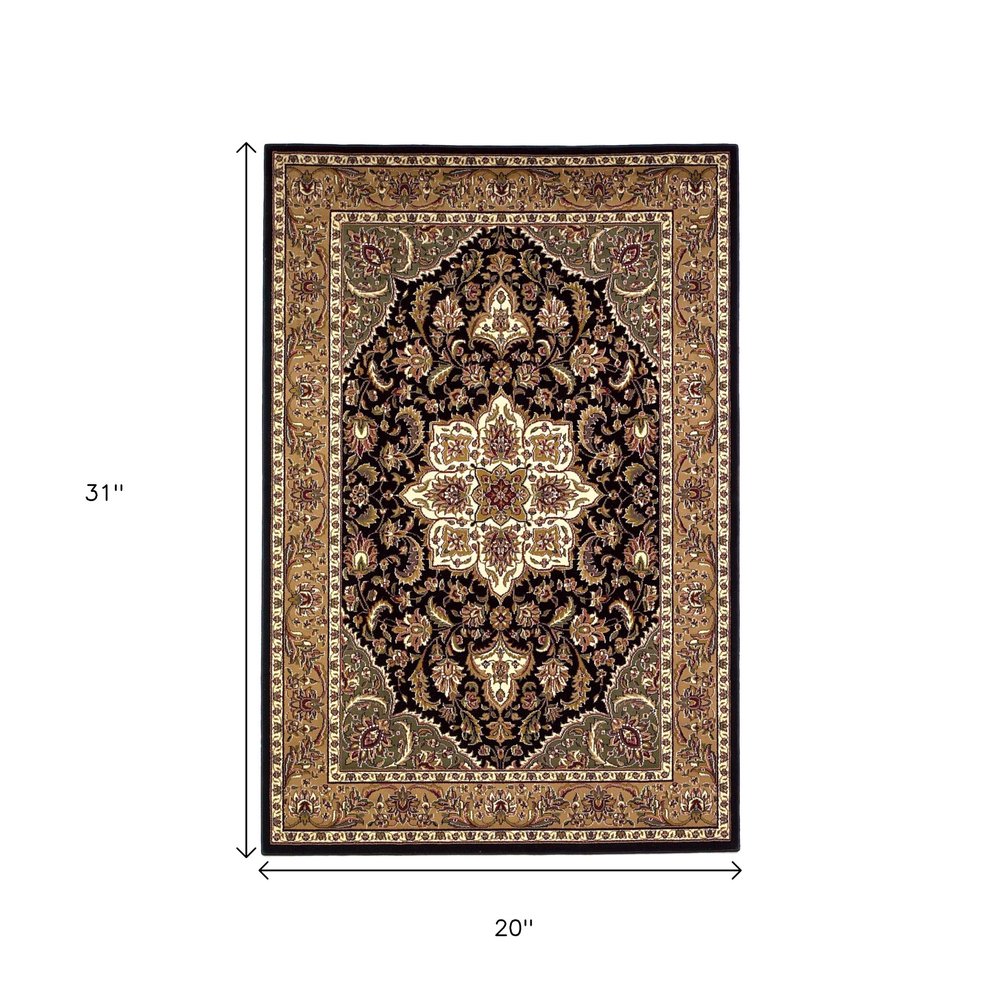 3' X 5' Black And Beige Floral Medallion Area Rug