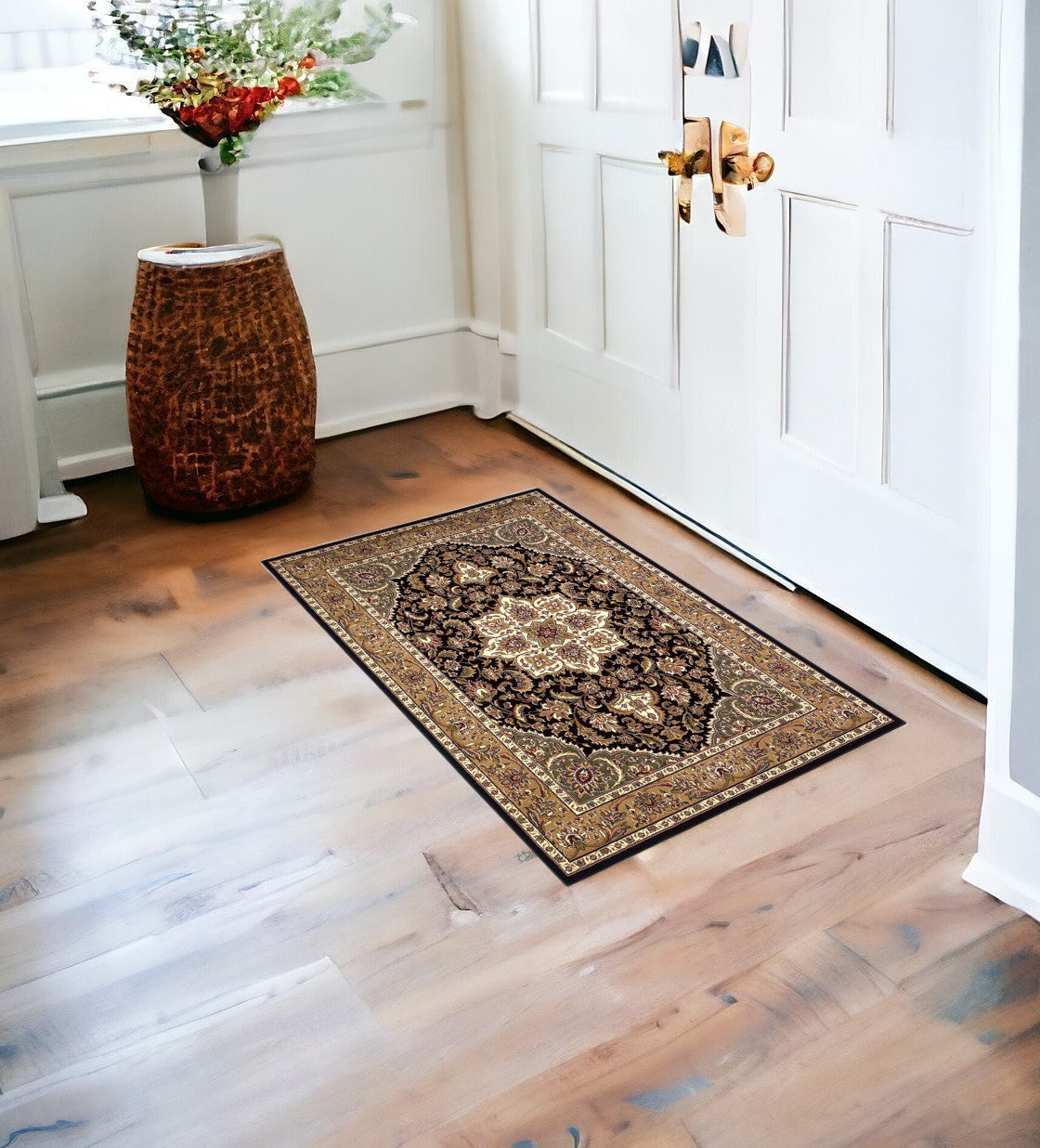 3' X 5' Black Beige Machine Woven Floral Medallion Indoor Area Rug