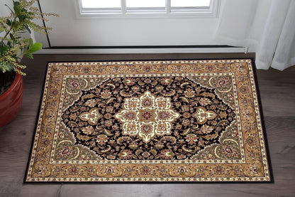 3' X 5' Black And Beige Floral Medallion Area Rug