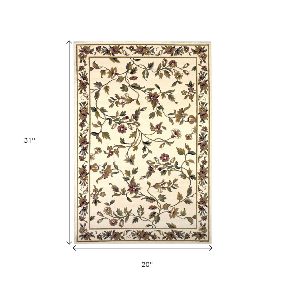 2' X 3' Ivory Green And Red Floral Vines Area Rug
