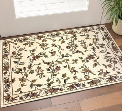 2' X 3' Ivory Green And Red Floral Vines Area Rug