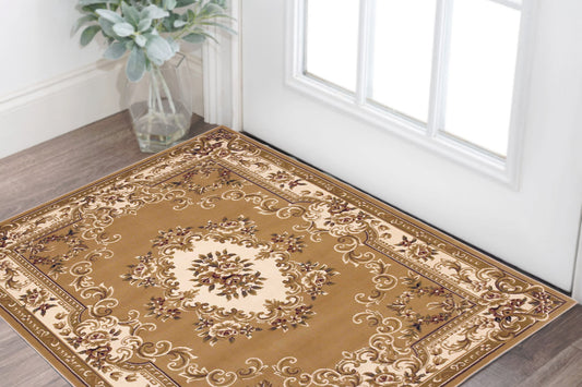 5' X 8' Beige Ivory Machine Woven Hand Carved Floral Medallion Indoor Area Rug