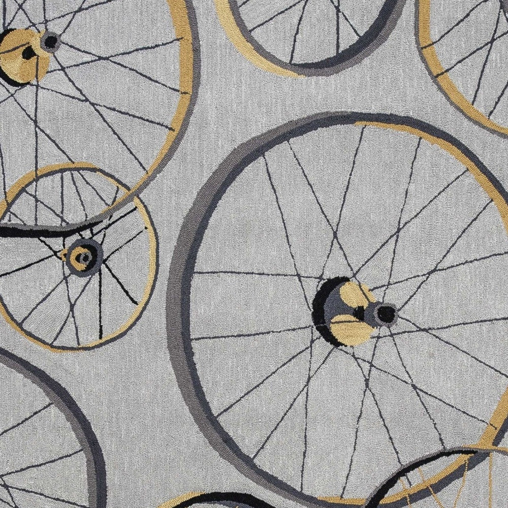 8' Grey Hand Hooked Wheels Round Indoor Area Rug