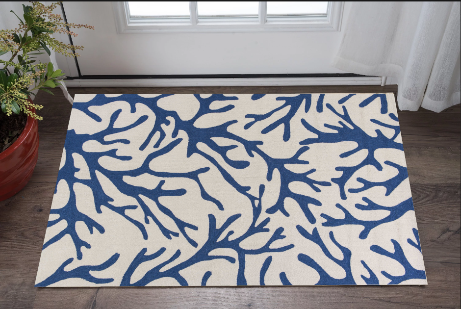 7' Round Ivory Or Blue Corals Indoor Area Rug