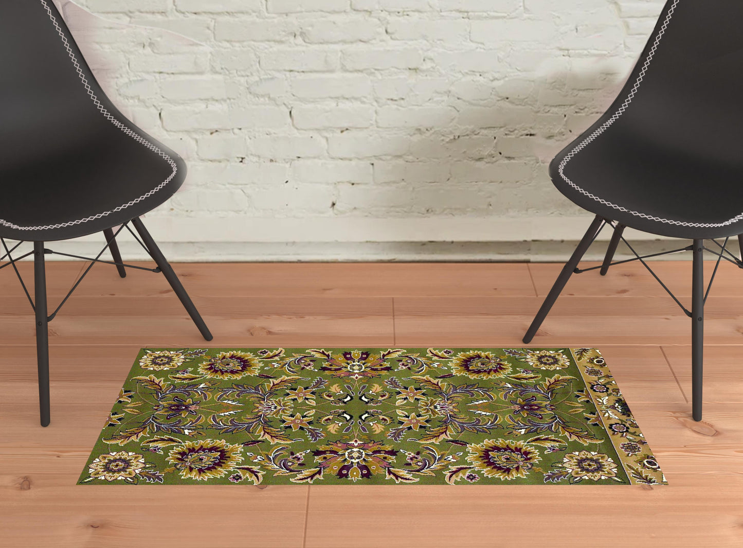 2'X3' Green Taupe Machine Woven Floral Traditional Indoor Accent Rug